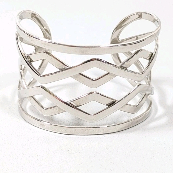 Lia Sophia Silver Tone Zig Zag Open Work Wide Cuff Bracelet - Picture 1 of 4